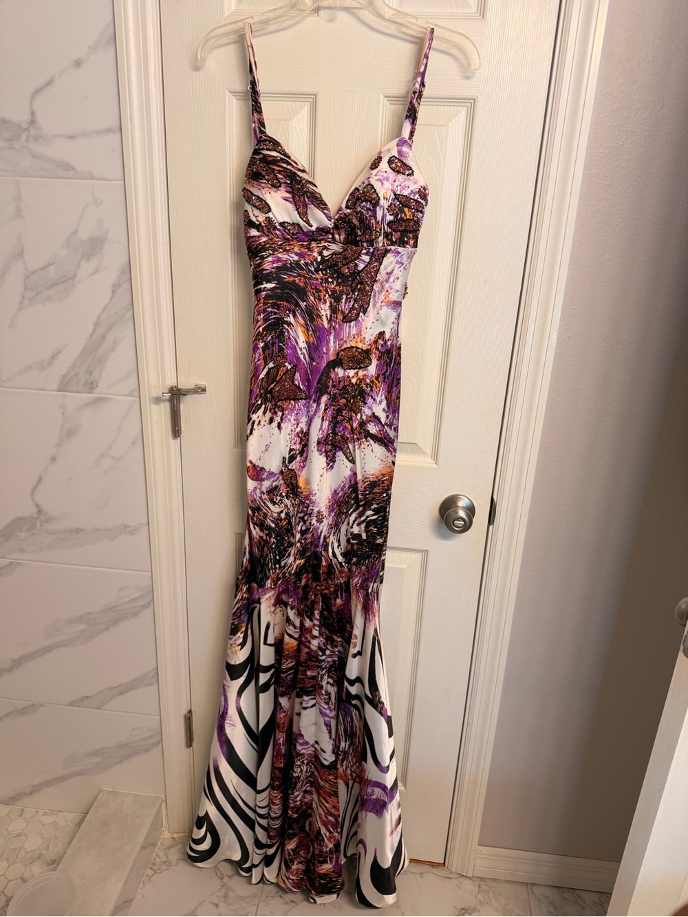 Cache Purple & White Abstract Print Spaghetti Strap Maxi Dress